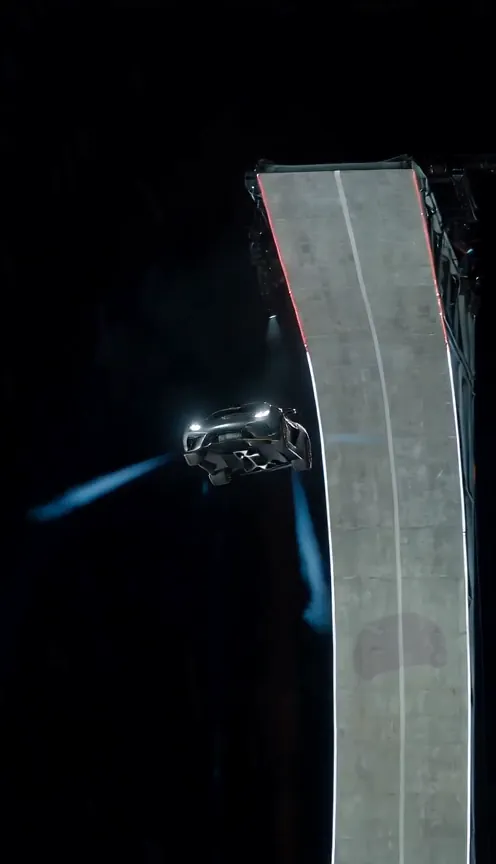 AI-generated sports car airborne beside a curved ramp, with vapor jets visible beneath it