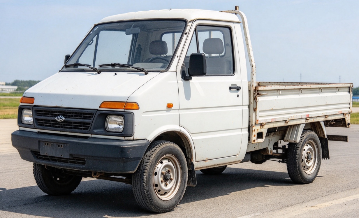 A small white pickup truck on an open paved track