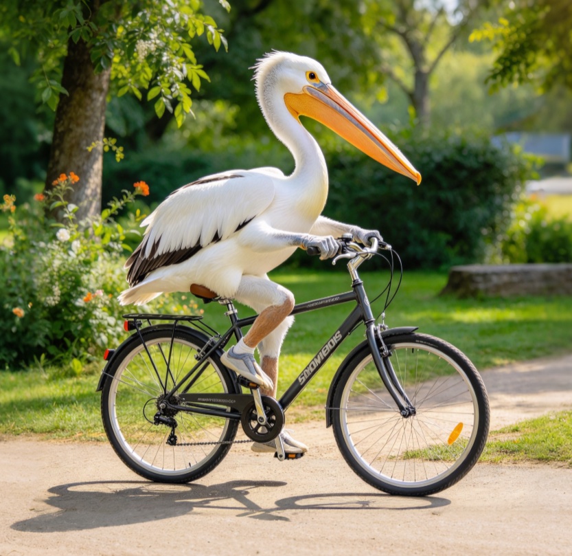 A pelican riding a bicycle along a garden path