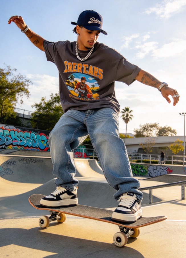 A skateboarder balancing above a skatepark ramp
